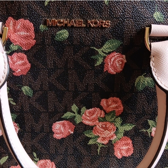 Brown & Pink Floral Michael Kors Handbag Purse, Roses Fall Floral - Picture 3 of 10